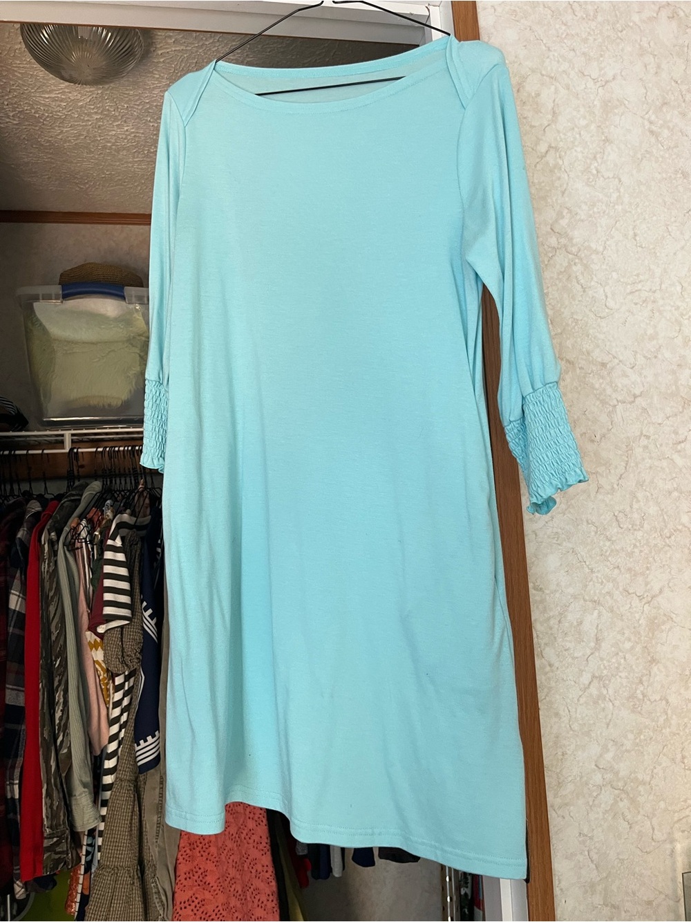 Light Blue Women’s Boatneck Dress with Smocked Sleeves